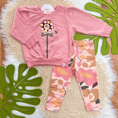 Conj. Casaco Flor Bordada com Pompons e Calça Legging - Rose